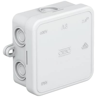 Eine weiße Abzweigdose aus Kunststoff mit der Aufschrift '400V', 'A8', '2,5²' und 'IP55'. Geeignet für elektrische Installationen.