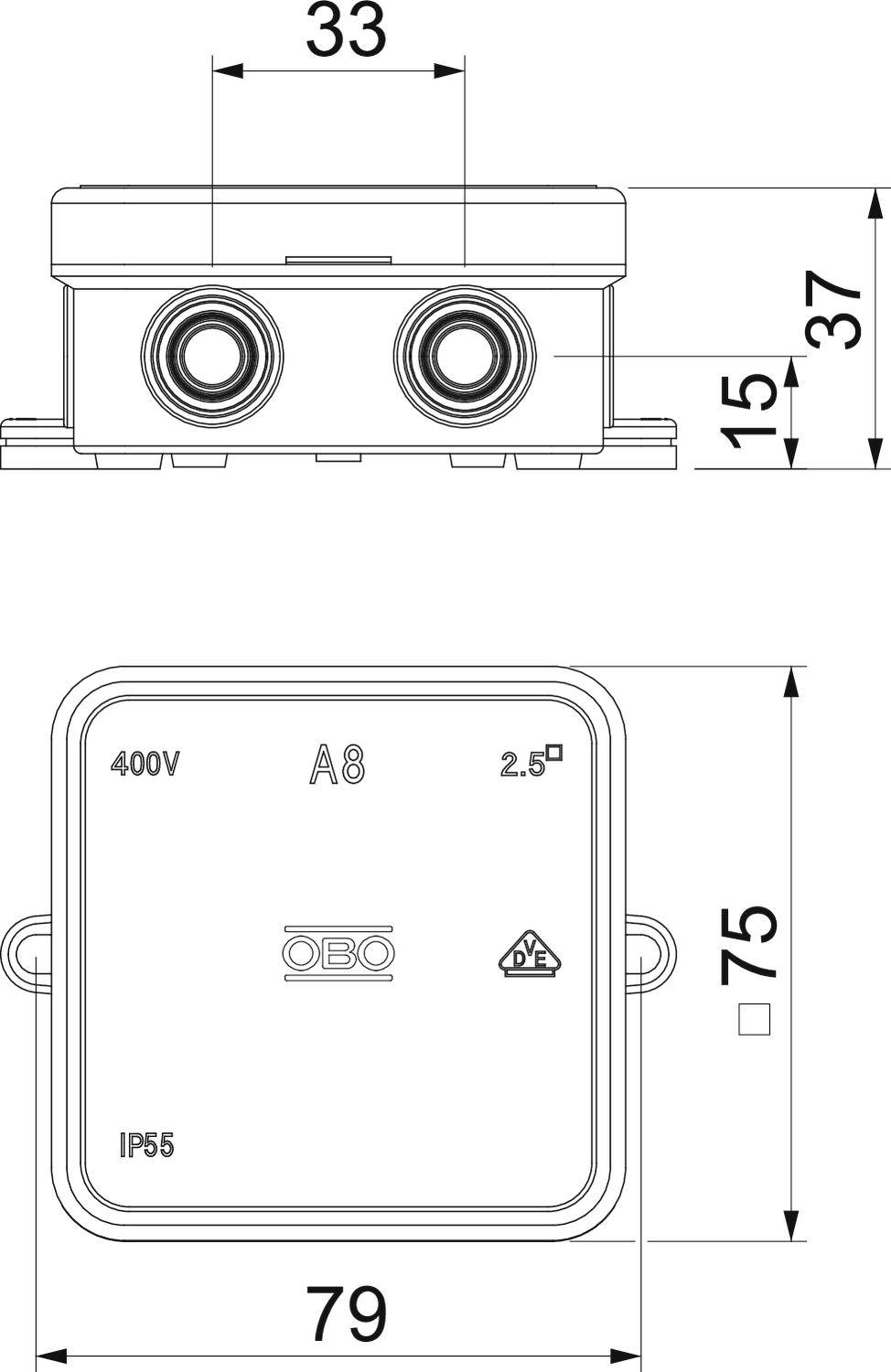 Technische Zeichnung einer rechteckigen Elektroanschlussdose mit Abmessungen: 33x37mm (Seitenansicht) und 79x75mm (Vorderansicht).