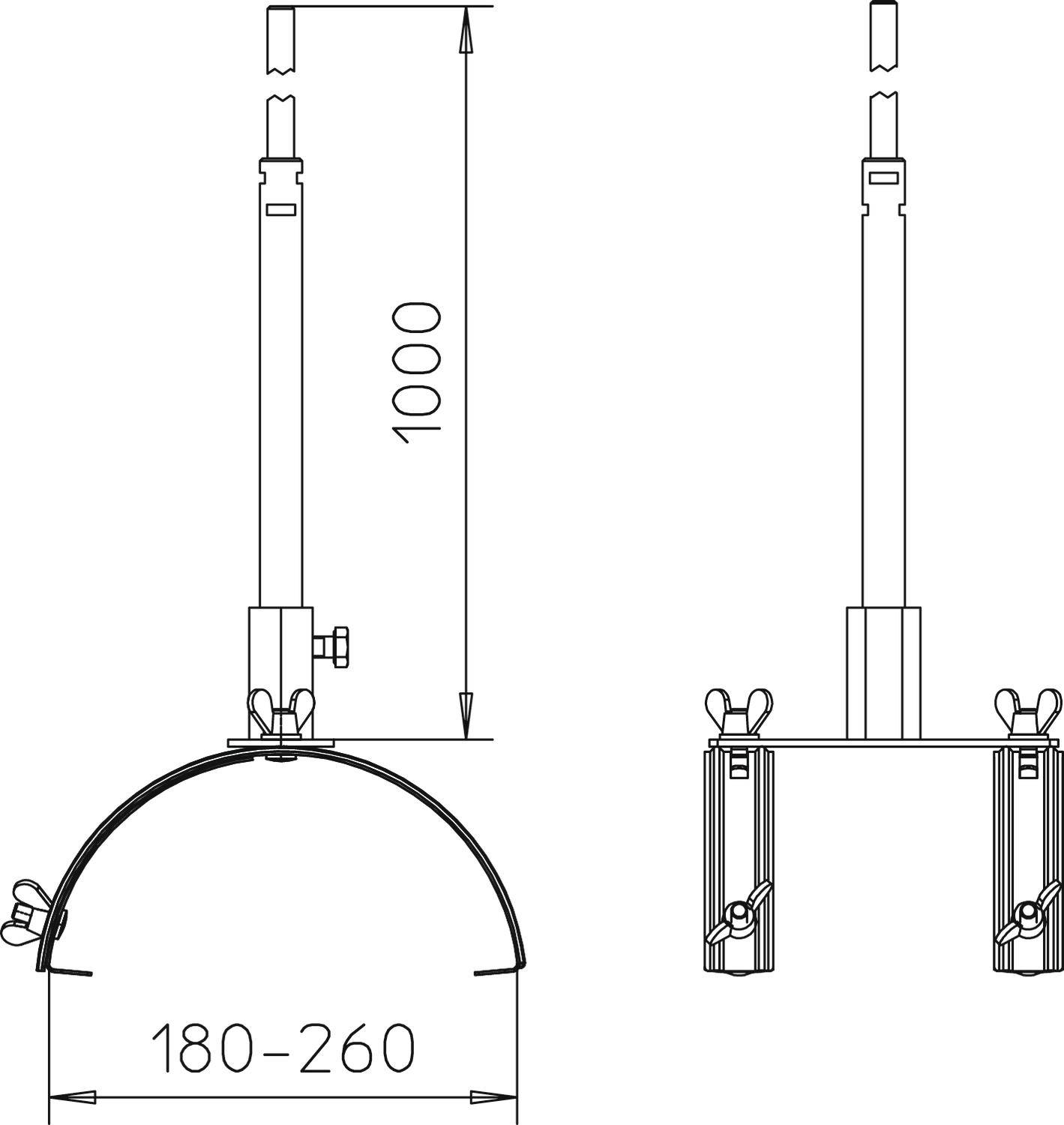 Technische Zeichnung eines verstellbaren Metallrahmens. Die Höhe variiert von 180 bis 260 mm und ist mit 1000 mm Breite dargestellt.
