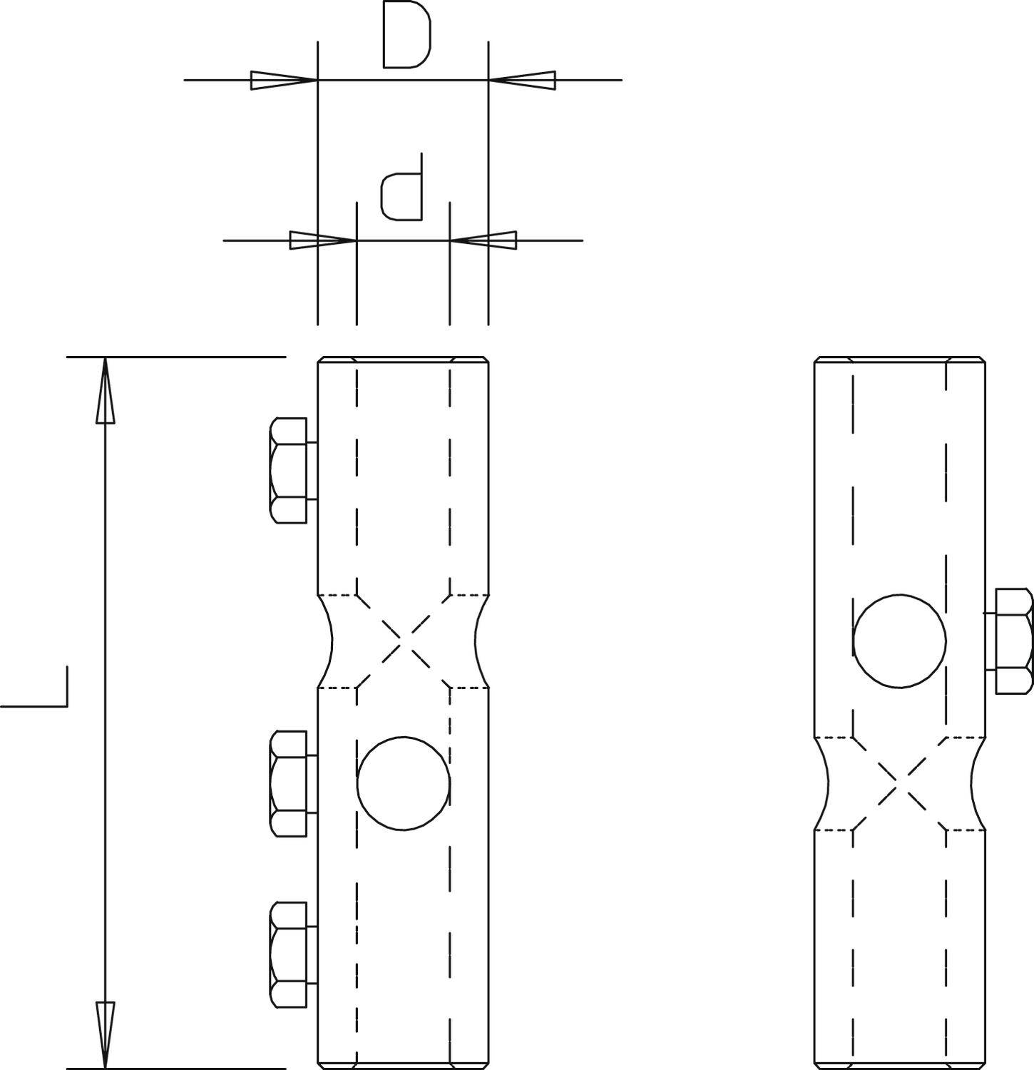 Technische Zeichnung eines Verbindungsstücks mit Maßen angegeben als D, d, L und detaillierten Ansichten von oben und Seite.