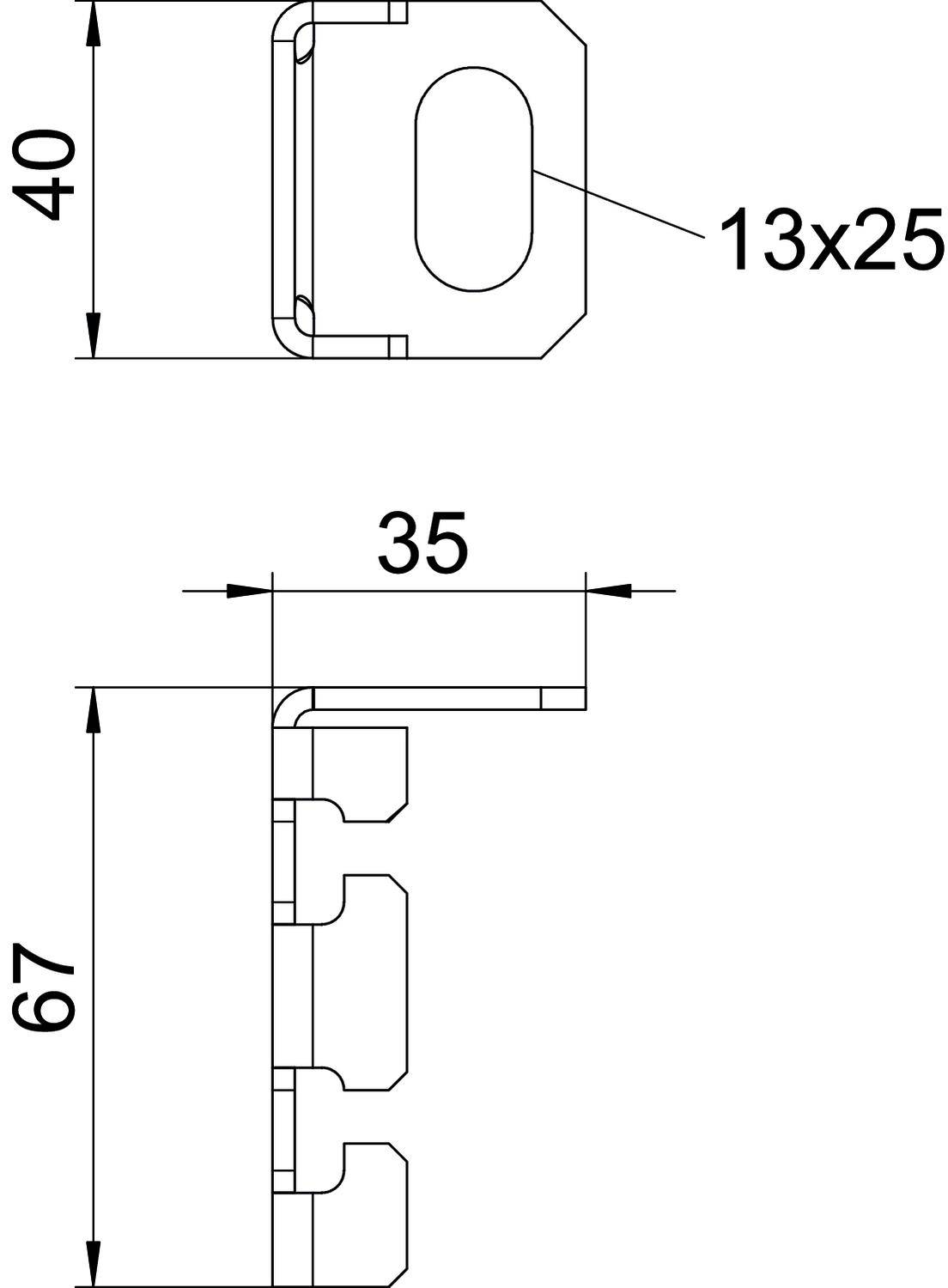 Technische Zeichnung mit zwei Ansichten eines Metallteils. Oben: Ansicht des rechteckigen Teils mit ovalem Loch (13x25). Unten: Seitenansicht mit Maßen 35x67.