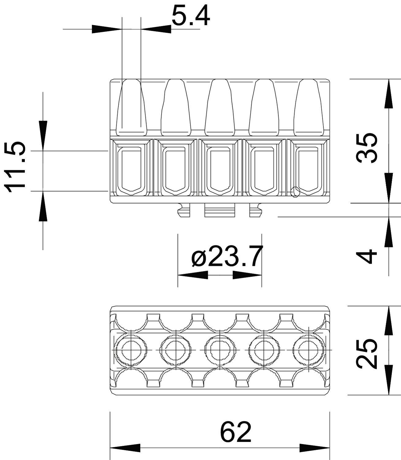 Technische Zeichnung eines Steckverbinders mit Maßangaben: Breite 62 mm, Höhe 35 mm, Abstand zwischen Löchern ø23,7 mm.