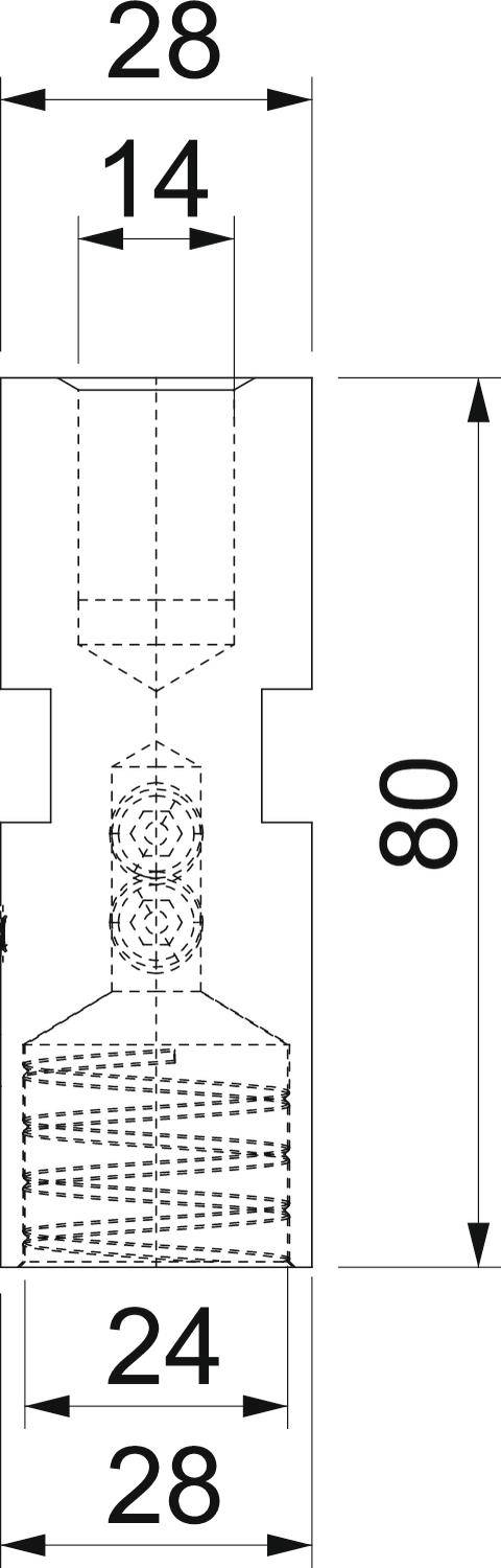 Technische Zeichnung eines Bauteils mit Abmessungen: Gesamthöhe 80, Breite 28 an beiden Enden, mittlere Breite 14, untere Breite 24.