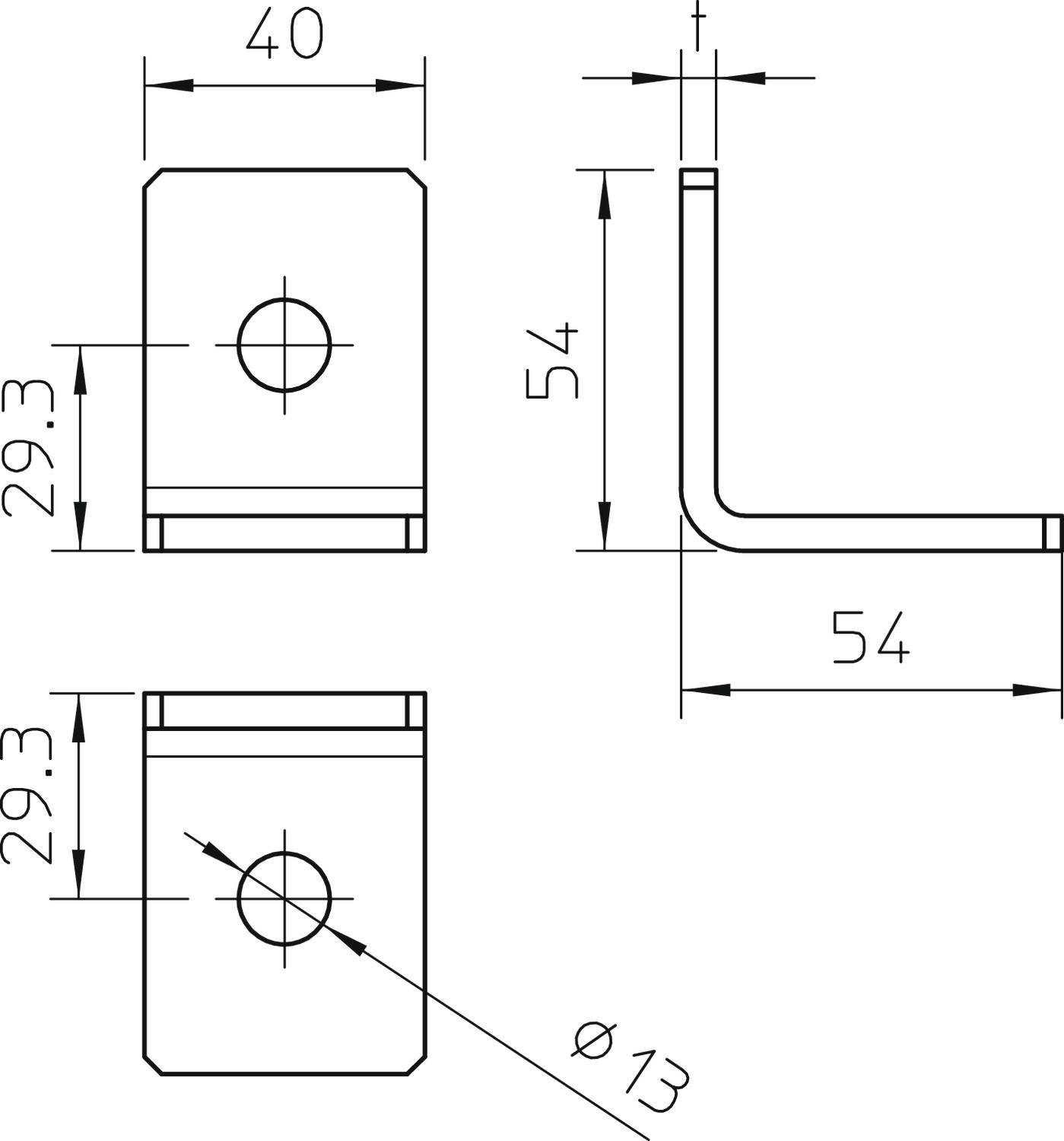 Technische Zeichnung eines Metallwinkels mit Maßen: 40x54x29,3 mm, Lochdurchmesser 13 mm. Seiten- und Draufsicht dargestellt.