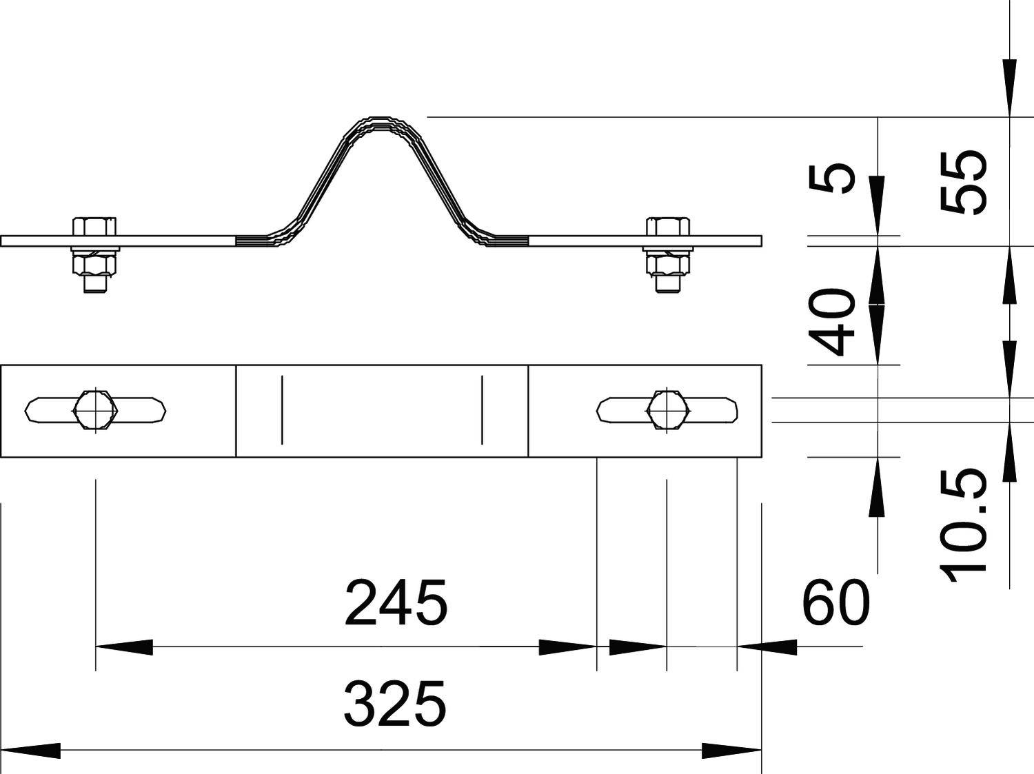 Technische Zeichnung einer Metallhalterung, zeigt Abmessungen: Gesamtbreite 325 mm, zentrale Höhe 55 mm, seitlicher Abstand 245 mm.