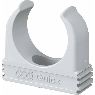 Eine graue Kunststoffklemme, beschriftet mit 'OBO Quick', zur Befestigung von Rohren oder Kabeln in Bauinstallationen.