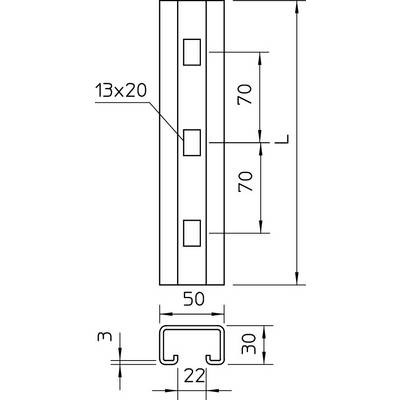 Technische Zeichnung eines C-Profils: Breite 50mm, Höhe 70mm pro Abschnitt, drei Bohrlöcher 13x20mm, Innenmaß 22mm.