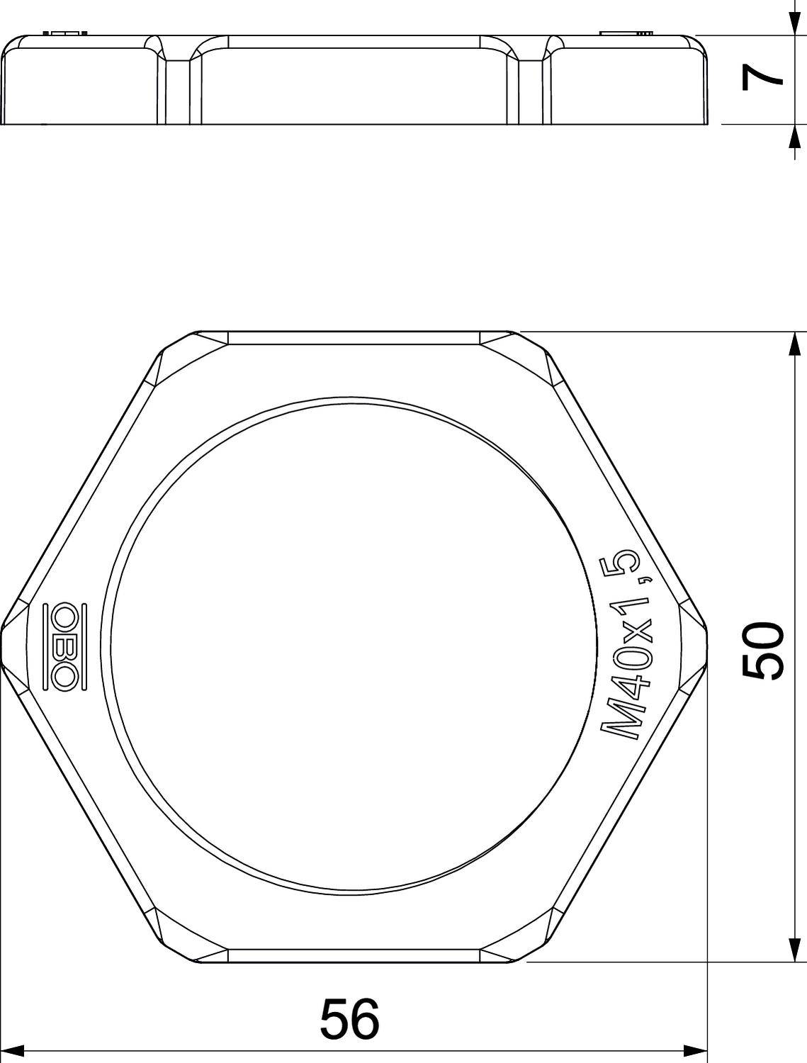 Technische Zeichnung einer sechseckigen Schraube mit den Maßen: Breite 56 mm, Höhe 50 mm; Beschriftung 'M40x1,5'; Seitenansichtshöhe 7 mm.