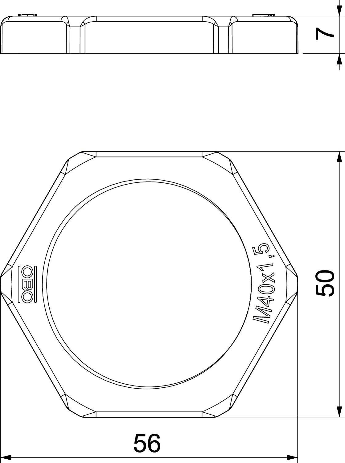 Technische Zeichnung eines sechseckigen, flachen Bauteils mit der Aufschrift 'M40x1.5'. Maße: 56 mm breit, 50 mm lang, 7 mm hoch.