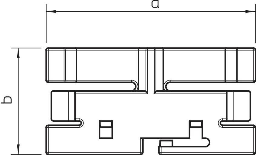 Technische Zeichnung eines mechanischen Teils mit den Maßen a und b, zeigt präzise Konturen und Details für Fertigungszwecke.