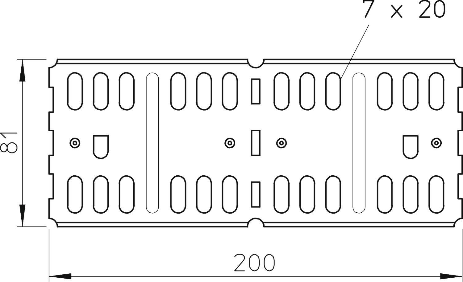 Technische Zeichnung einer rechteckigen Metallplatte, 200 mm lang und 81 mm breit, mit ovalen Löchern und Lochabmessung 7 x 20 mm.