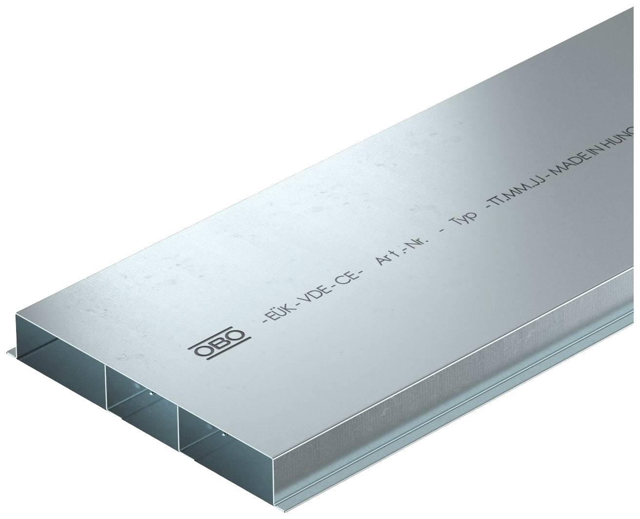 Metallabdeckung mit eingeprägtem Logo und Text. Silbernes, rechteckiges Design mit drei inneren Hohlräumen für Schutzkabelsysteme.