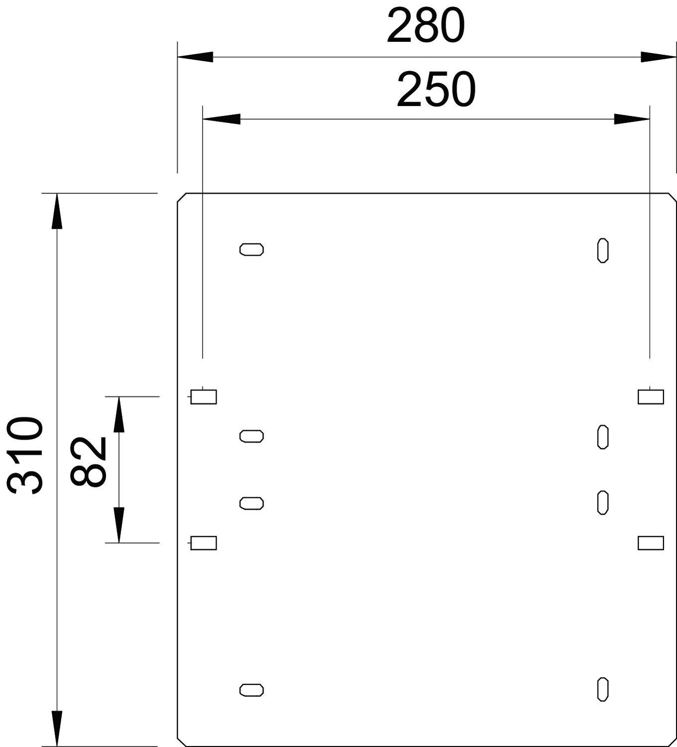 Technische Zeichnung einer rechteckigen Platte mit den Maßen 280 x 310 mm. Bohrungen an den Rändern, einer bei 82 mm.