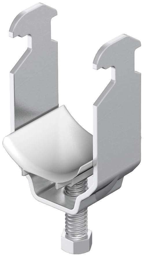Metallklemme mit Schraube zur Befestigung, zeigt gebogene Klemmenenden, geeignet für Rohr- oder Kabelhalterungen in Montageanwendungen.