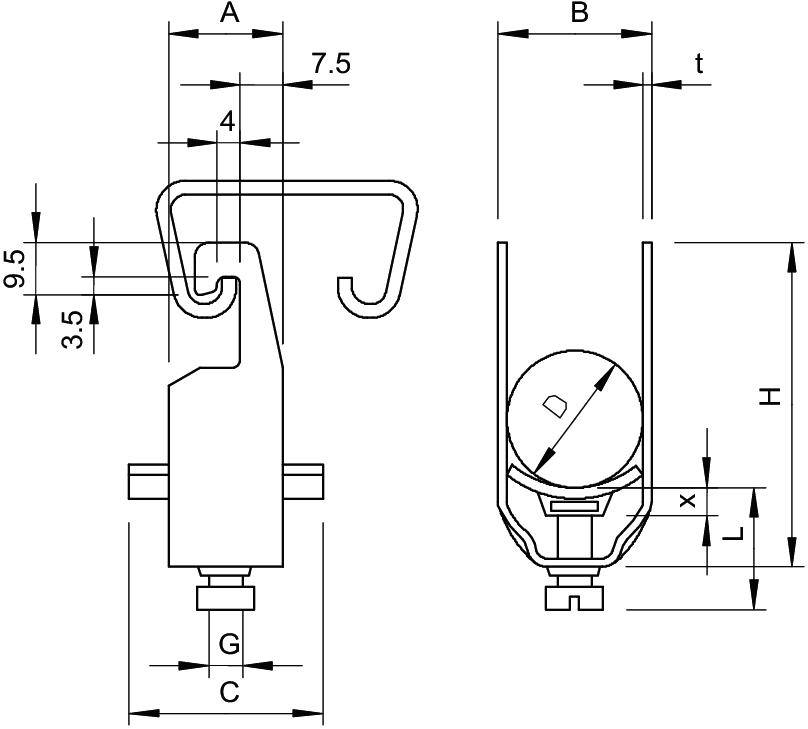 Technische Zeichnung eines Hakens mit Maßen: A=4, B=x, C=G, H=Höhe, t=Dicke. Details zu strukturellen Elementen und Maßen.