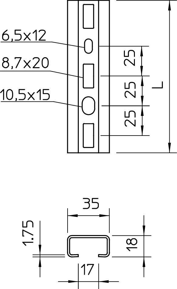 Technische Zeichnung eines rechteckigen Metallprofils mit Maßen: Länge L, Breite 35 mm, Höhe 18 mm, Löcher 6,5x12 mm, 8,7x20 mm, 10,5x15 mm.