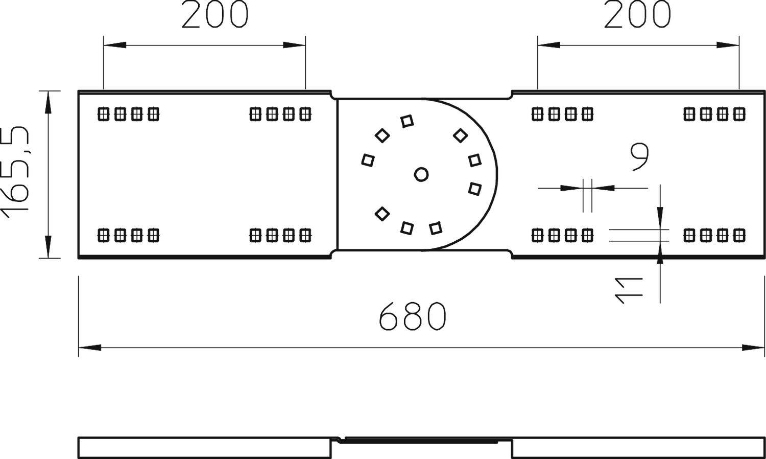 Technische Zeichnung eines Metallteils mit Maßen: Breite 680 mm, Höhe 165,5 mm. Zwei Sektionen à 200 mm, zentrale kreisförmige Bohrungen.