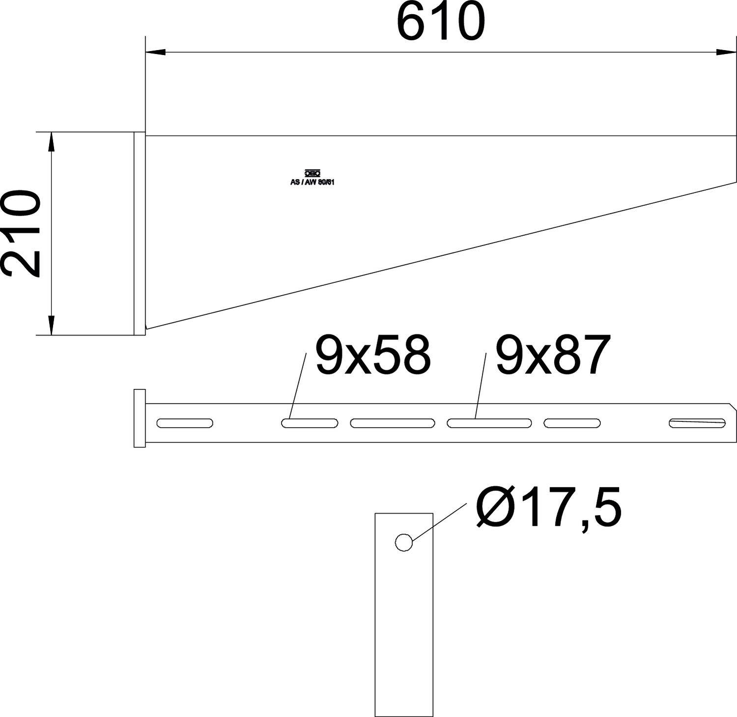 Technische Zeichnung einer Halterung mit den Maßen: Breite 610 mm, Höhe 210 mm. Mit 9 Löchern von 58 mm und 87 mm Länge. Bohrungsdurchmesser 17,5 mm.