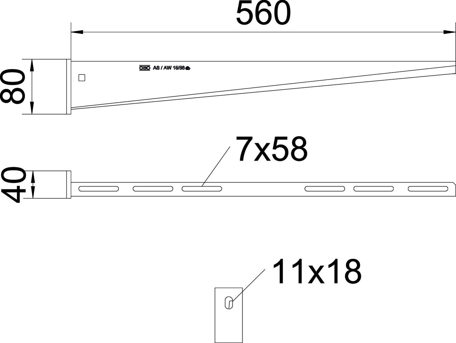 Technische Zeichnung eines Winkels mit den Maßen 560 mm, 80 mm, und 40 mm. Es enthält Angaben von Schraubenlöchern 7x58 und 11x18.