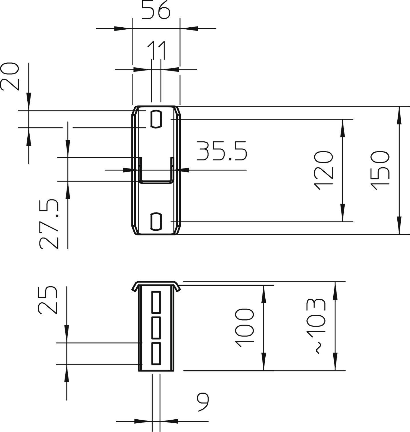 Technische Zeichnung einer Metallhalterung mit Maßen: Breite 56 mm, Höhe 150 mm, Tiefe 25 mm, Lochgröße 35,5 mm, Einsteckbereich 100 mm.
