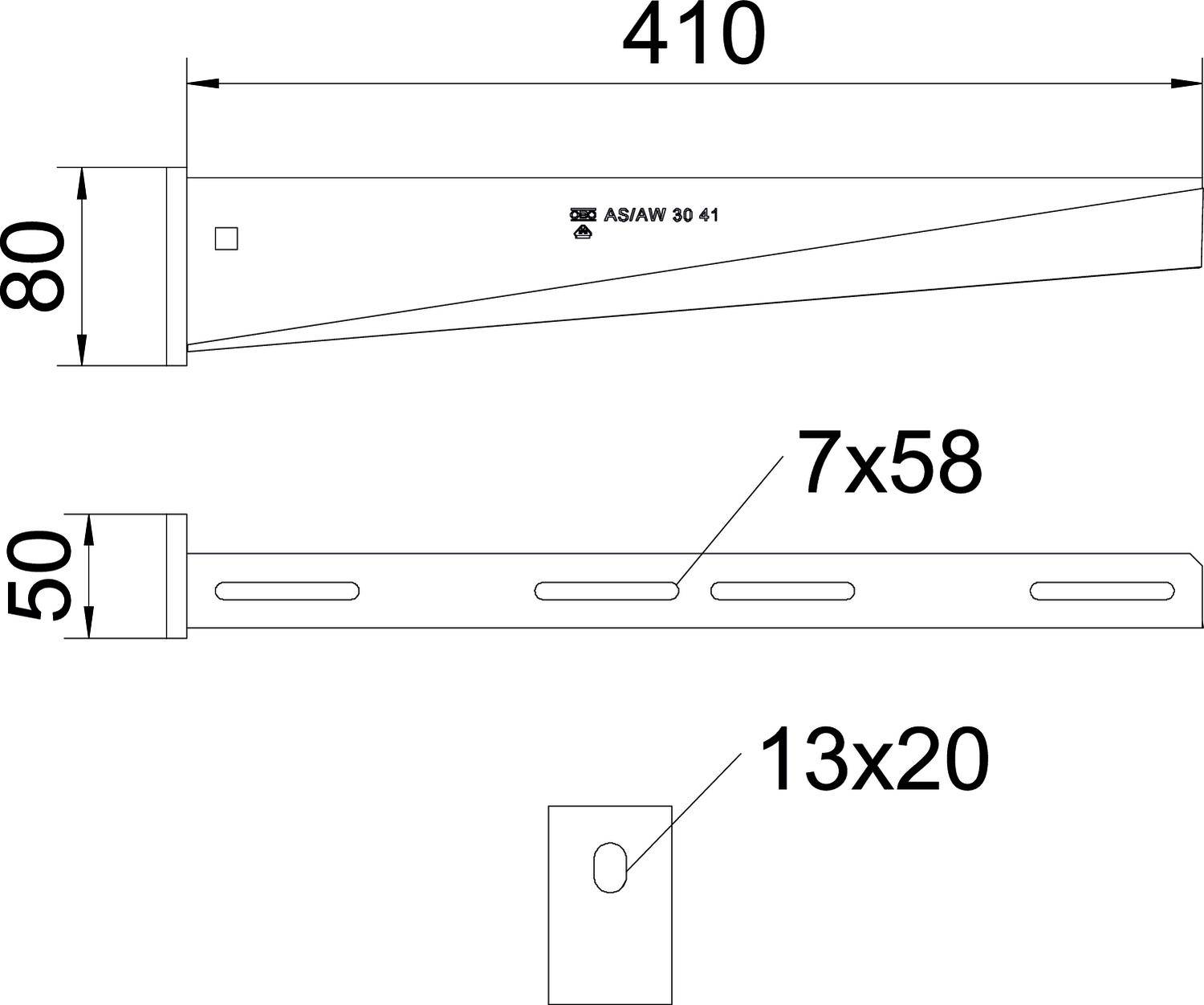 Technische Zeichnung eines Metallwinkels mit den Maßen 410 mm Länge, 80 mm und 50 mm Breite. Zahlen für Bohrungen: 7x58, 13x20.