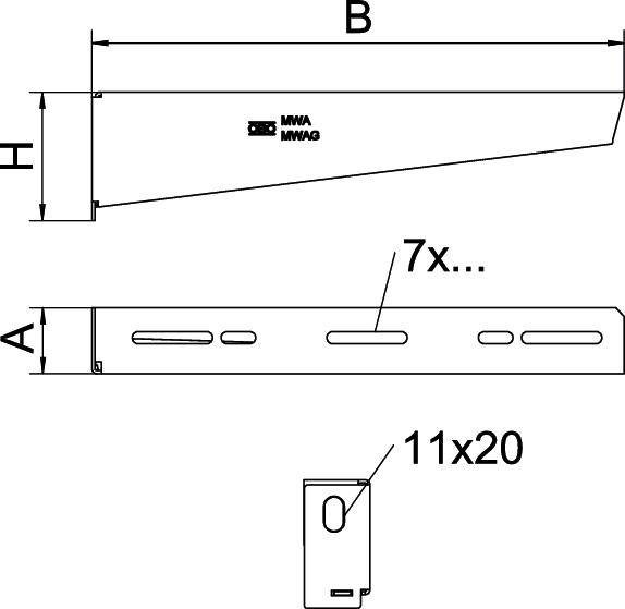 Technische Zeichnung einer Metallhalterung mit den Maßen A, B, H. Enthält 7 Löcher und eine Seitenansicht mit 11x20 mm Öffnung.