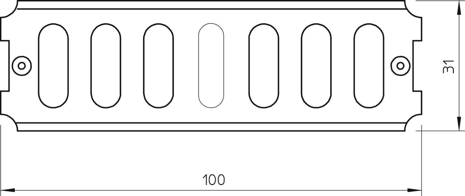 Technische Zeichnung eines rechteckigen Bauteils mit sechs ovalen Öffnungen, zwei Löchern an den Enden; Maße 100 x 31 mm.