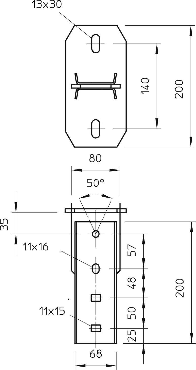 Technische Zeichnung eines Metallteils mit Maßen: 140mm Breite, 200mm Länge, Lochdurchmesser 13x30mm, 11x16mm und 11x15mm.