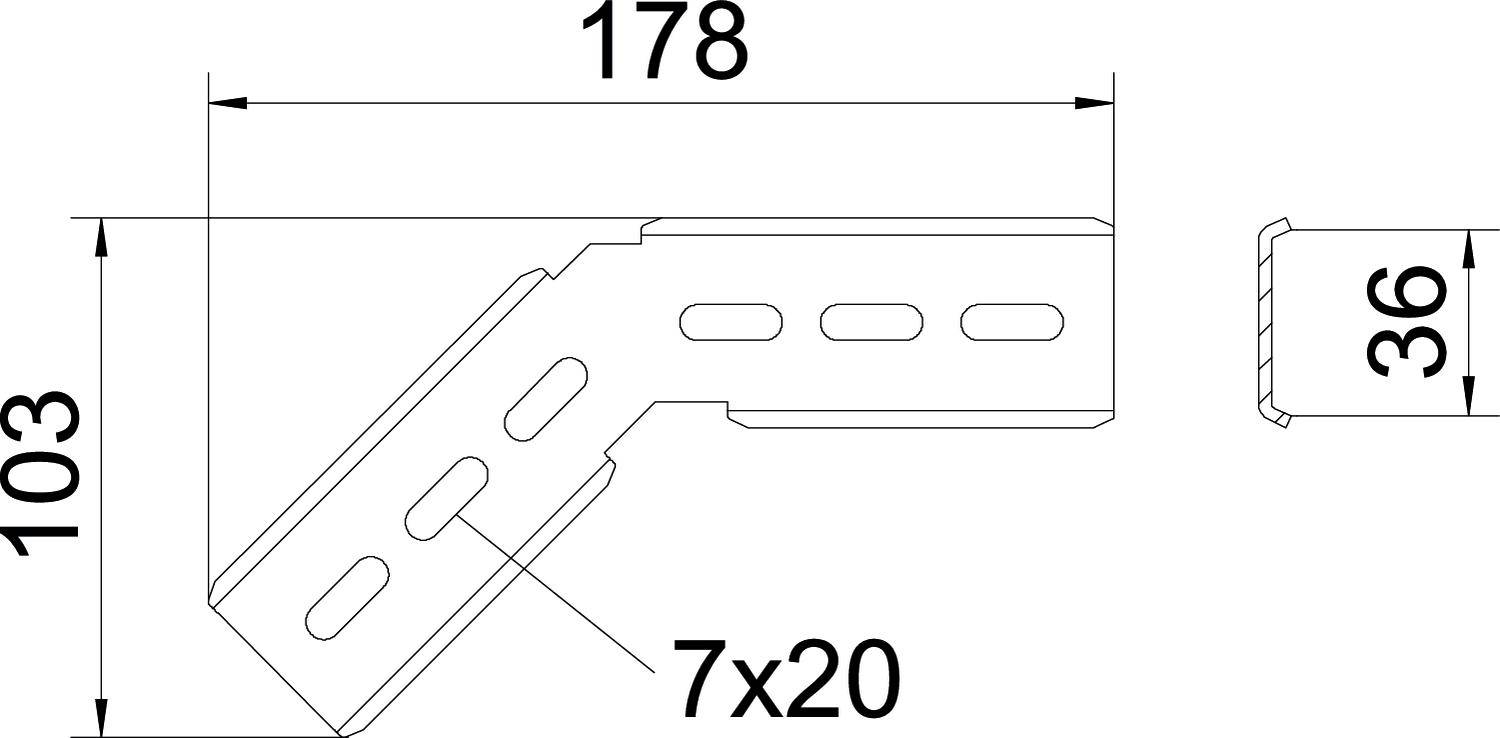 Technische Zeichnung eines Metallwinkels mit Maßen: Länge 178, Höhe 103, Breite 36 mm, Lochgrößen 7x20 mm.