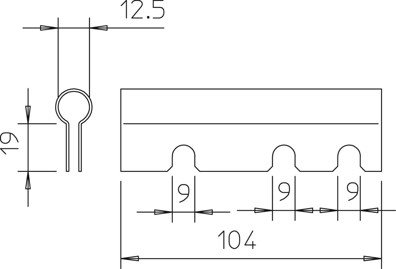 Technische Zeichnung eines Metallprofils mit linearen Maßeinheiten: Länge 104 mm, Breite 19 mm, Abstand 9 mm, Detailansicht oben.