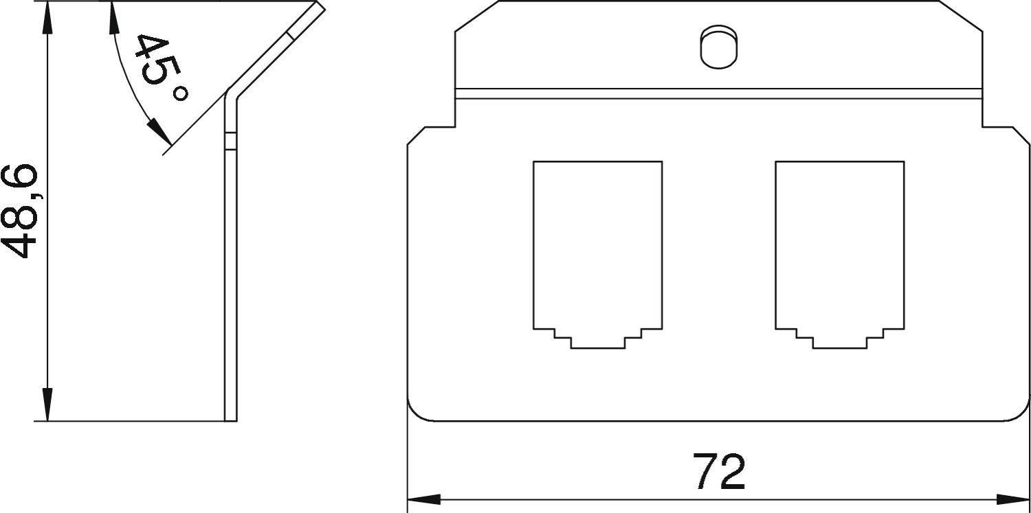 Technische Zeichnung eines rechteckigen Bauteils mit zwei rechteckigen Öffnungen in der Vorderansicht, Ansicht des Winkels 45° und Maße 48,6 mm und 72 mm.