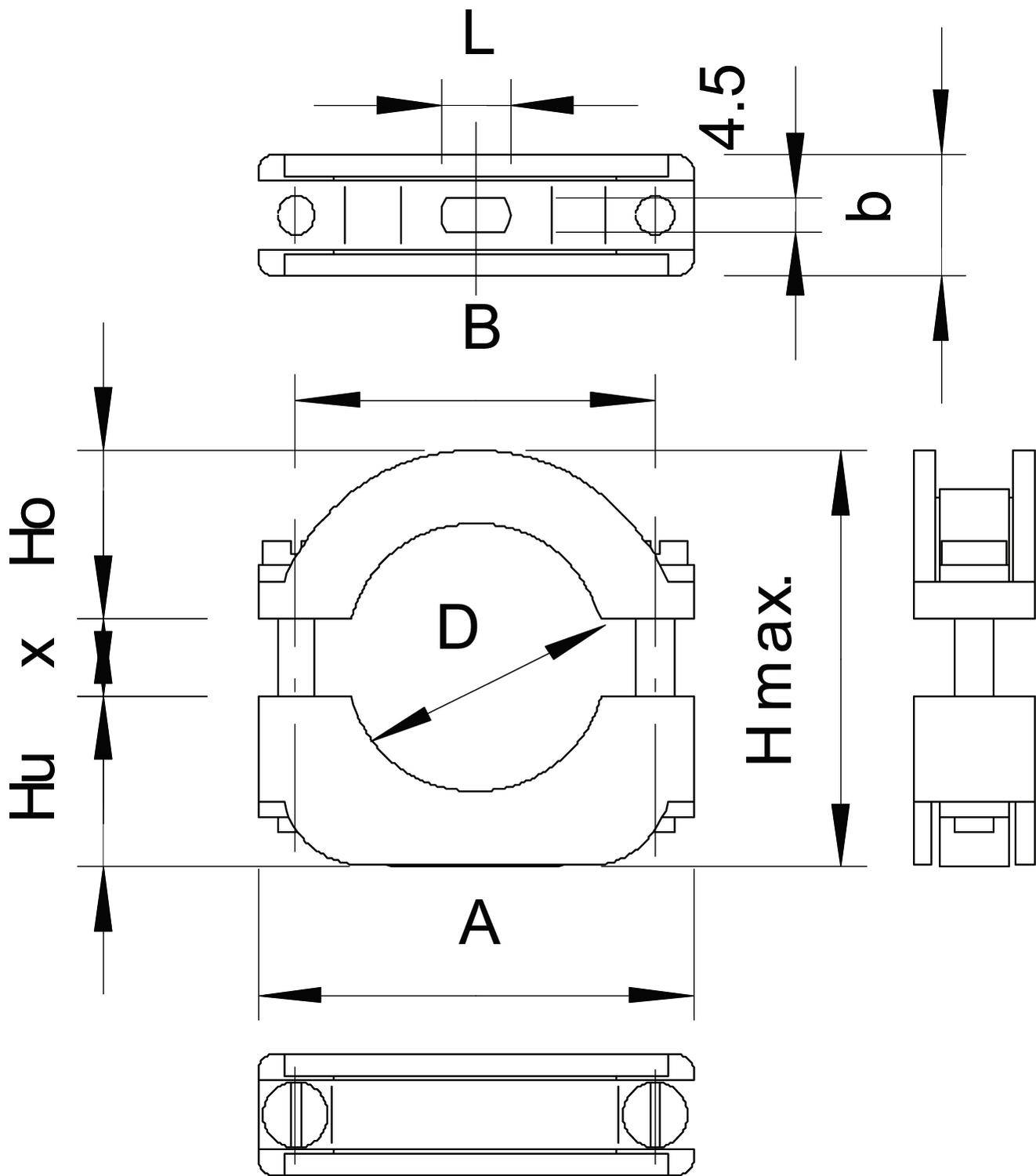 Technische Zeichnung eines Klemmrings mit Maßen: Länge (L), Breite (B), Höhe (Hmax), Innendurchmesser (D). Beinhaltet Querschnittsansichten.