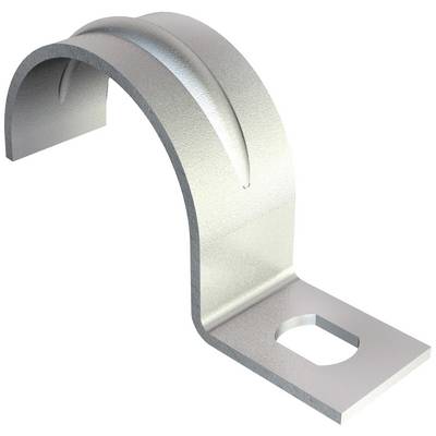 Metallschelle in U-Form, zur Befestigung von Rohren an Wänden oder Decken. Die Schelle hat eine flache Basis mit einem Befestigungsloch.