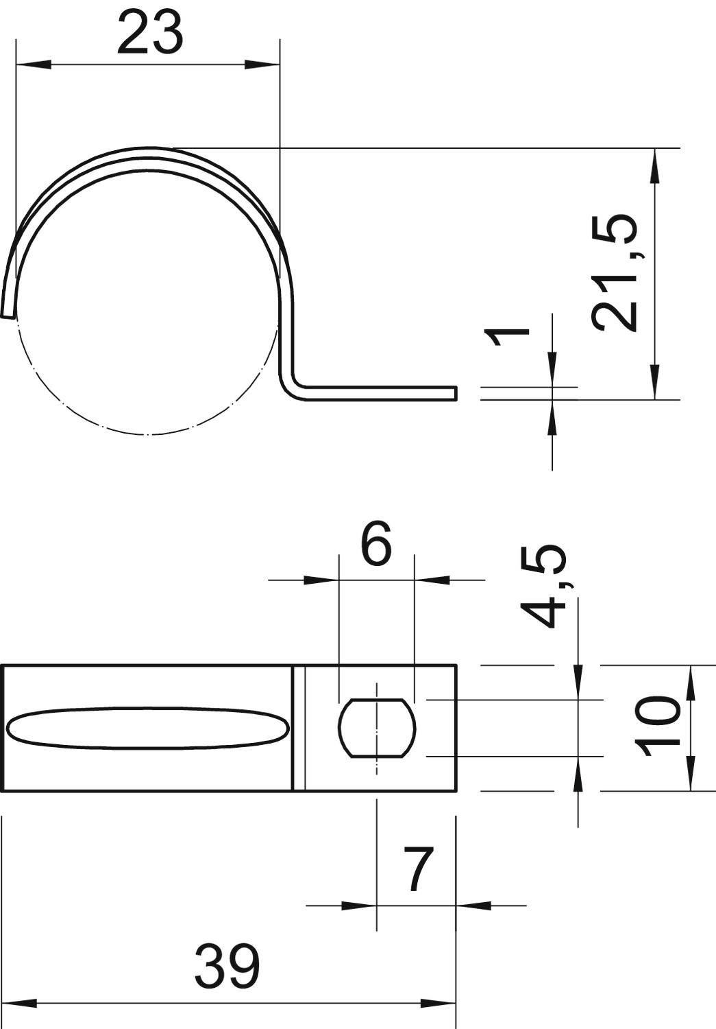 Technische Zeichnung eines Metallclips mit Bemaßungen: Breite 23 mm, Höhe 21,5 mm, Grundlänge 39 mm, Lochdurchmesser 6 mm.