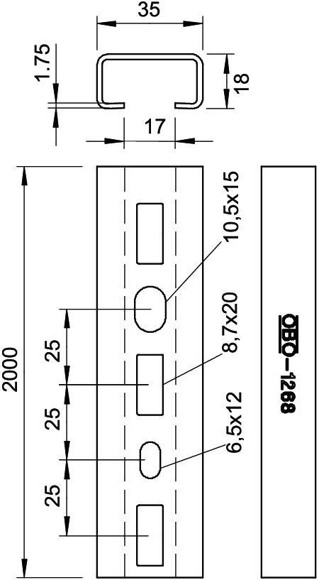 Metallprofil mit C-förmigem Querschnitt, Länge 2000 mm. Mittige gestanzte Löcher in verschiedenen Abständen und Größen.