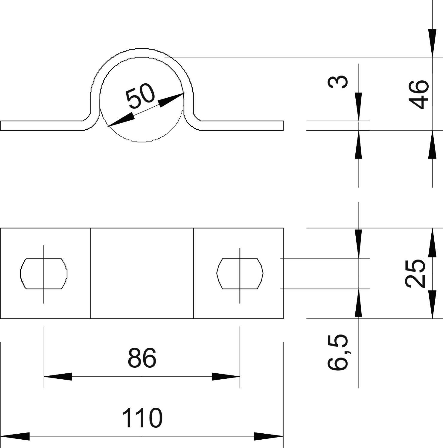 Technische Zeichnung einer Halterung: Oben Ansicht mit Durchmesser '50', seitlich Maße '46', '3', '25'. Unten Maße '110', '86', '6,5'.