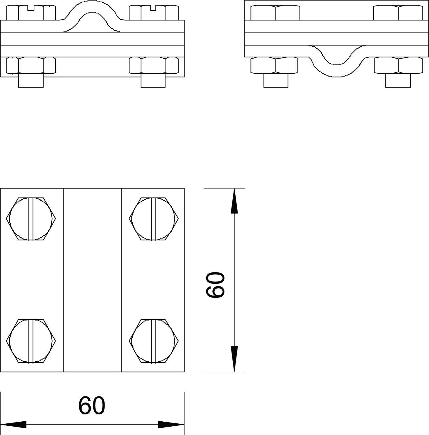 Technische Zeichnung eines Klemmbügels. Oben: Vorder- und Seitenansicht, unten: Draufsicht. Maße: 60x60 mm.