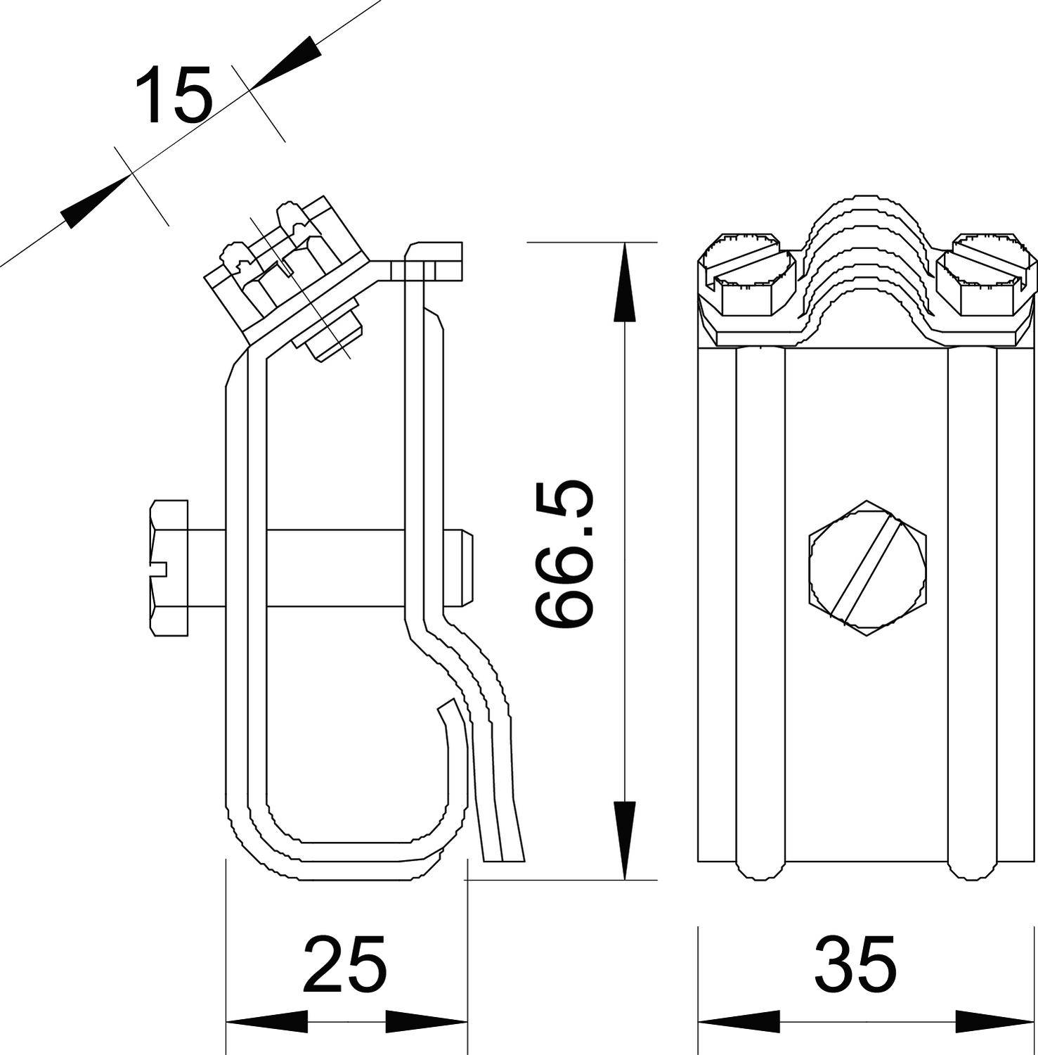 Technische Zeichnung eines Metallclips mit Maßen: Breite 25 mm, Höhe 66,5 mm, Schrauben auf der Oberseite.