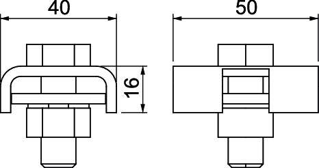 Technische Zeichnung von zwei Schraubverbindungen mit Abmessungen: links 40 mm Breite, 16 mm Höhe; rechts 50 mm Breite.