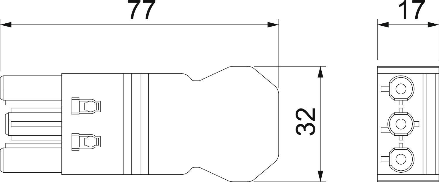 Zeichnung eines Steckverbinders mit den Maßen: Länge 77 mm, Breite 32 mm, Höhe 17 mm. Detaillierte Seiten- und Draufsicht.
