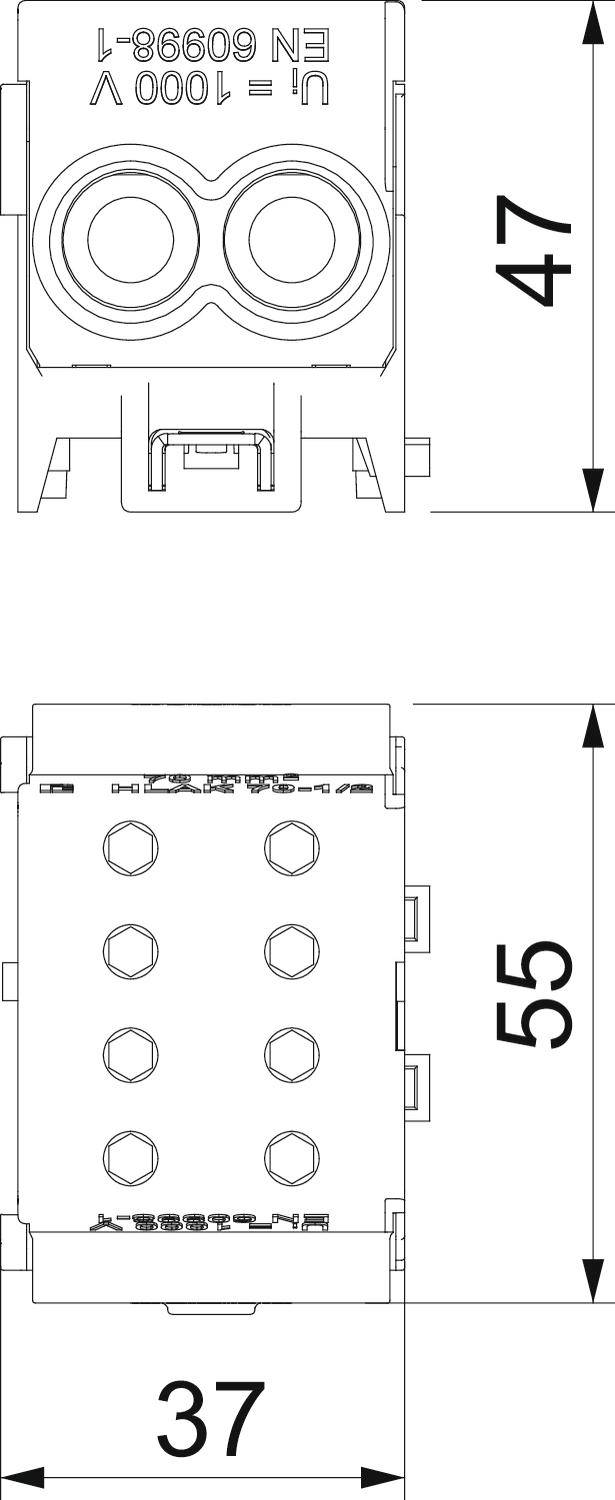 Technische Zeichnung eines elektrischen Bauteils. Rechteckige Form mit Maßen: Höhe 55 mm, Breite 37 mm und Tiefe 47 mm.