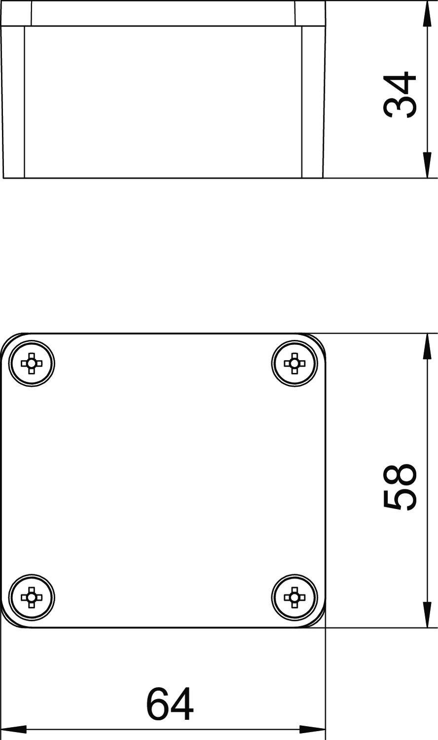Technische Zeichnung eines rechteckigen Kastens mit den Maßen 34 x 64 x 58 mm, inklusive Schraubenlöchern an jeder Ecke.