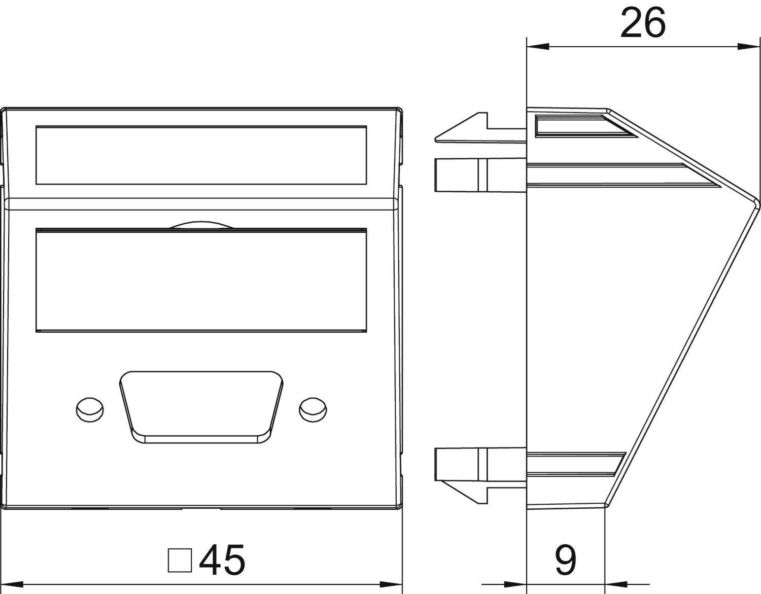 Zeichnung eines elektronischen Bauteils mit Abmessungen: Breite 45 mm, Tiefe 9 mm, Höhe 26 mm. Zeigt Vorder- und Seitenansicht.
