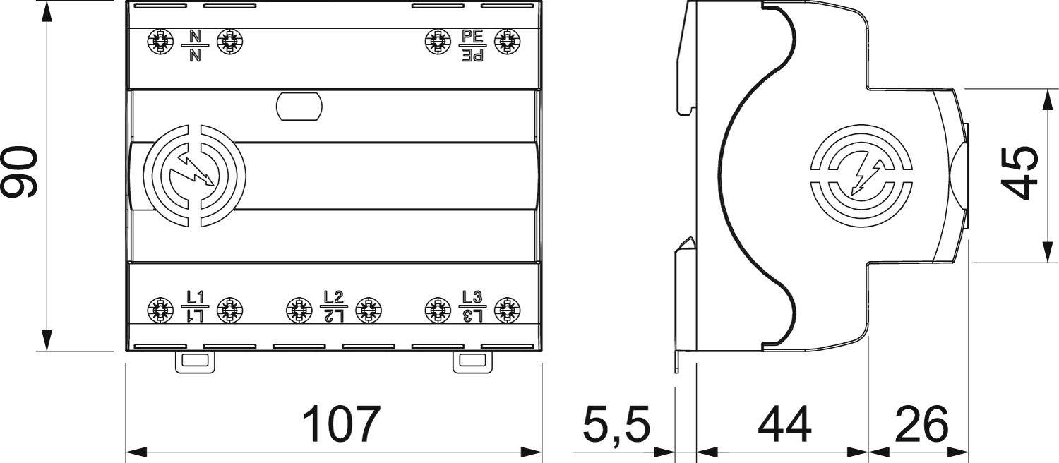 Zeichnung eines elektrischen Bauteils mit Maßen: 90x107x45 mm. Seiten- und Vorderansicht zeigen Anschlüsse und Symbole.