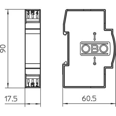 Technische Zeichnung eines elektrischen Bauteils, seitliche und frontale Ansicht mit Abmessungen: 90 mm hoch, 17,5 mm breit, 60,5 mm tief.
