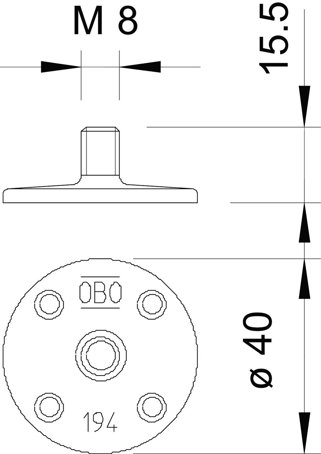 Technische Zeichnung eines Bauteils mit den Maßen M8, 15,5 mm Höhe und 40 mm Durchmesser. Enthält Schraubenlöcher und Logo 'OBO'.