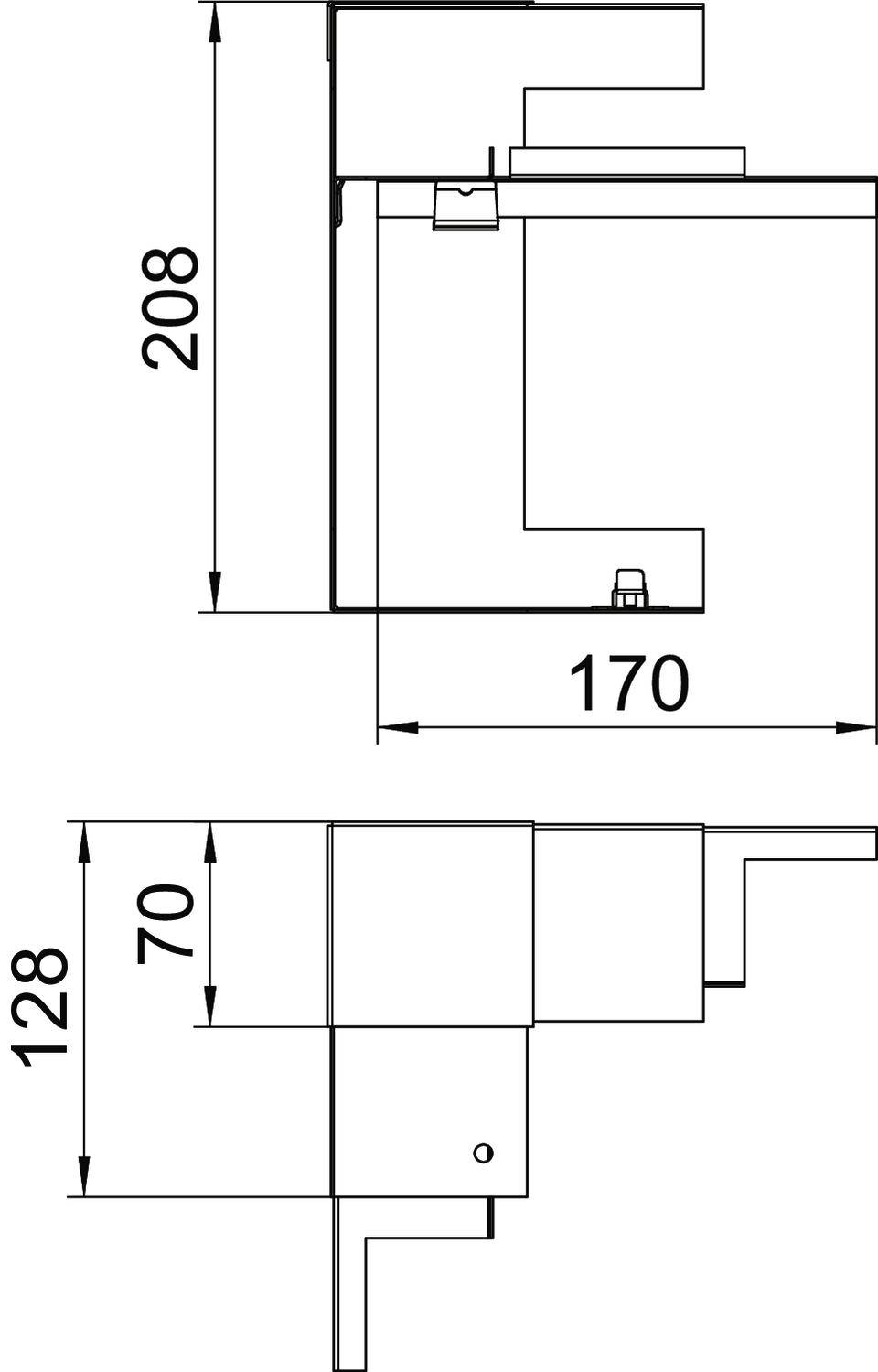 Technische Zeichnung mit den Maßen eines Möbelstücks: Breite 170, Höhe 208 oben, unten Breite 128, Höhe 70.