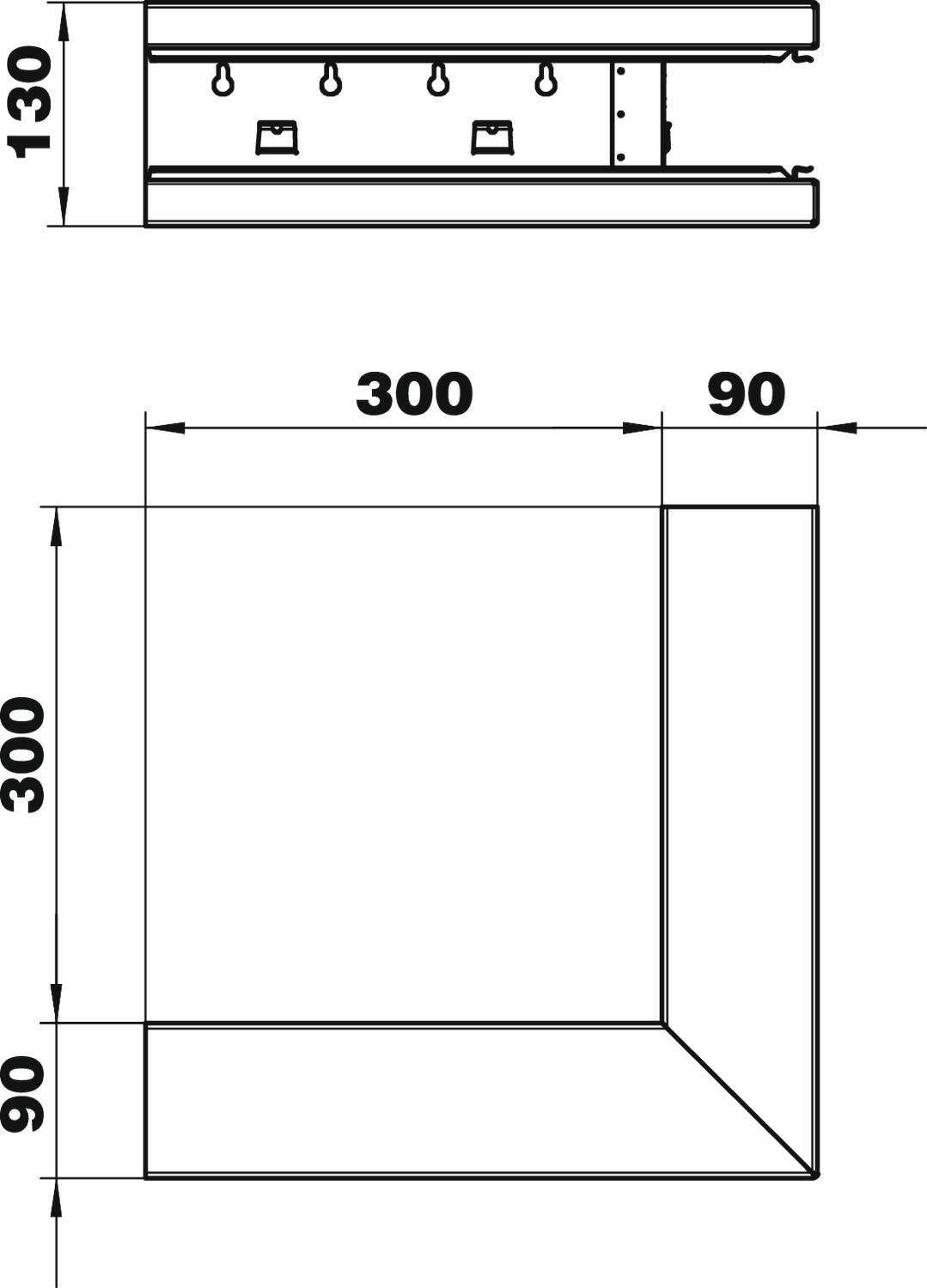 Technische Zeichnung zeigt zwei Ansichten eines rechteckigen Raumes oder Kastens. Maße: 300x300x130 und 300x90. Hängeregale sichtbar.