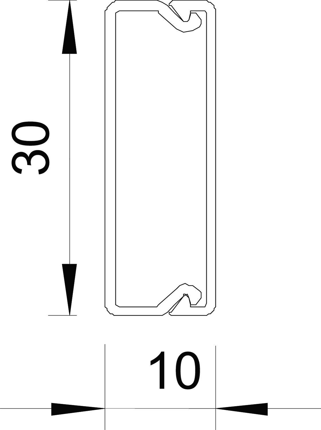 Technische Zeichnung eines rechteckigen Profils mit den Maßen 30x10. Pfeile zeigen die Breite und Höhe des Profils.