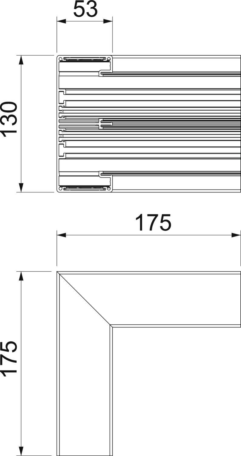 Technische Zeichnung eines quadratischen Rahmens mit den Maßen 130 x 53 mm oben und 175 x 175 mm unten.